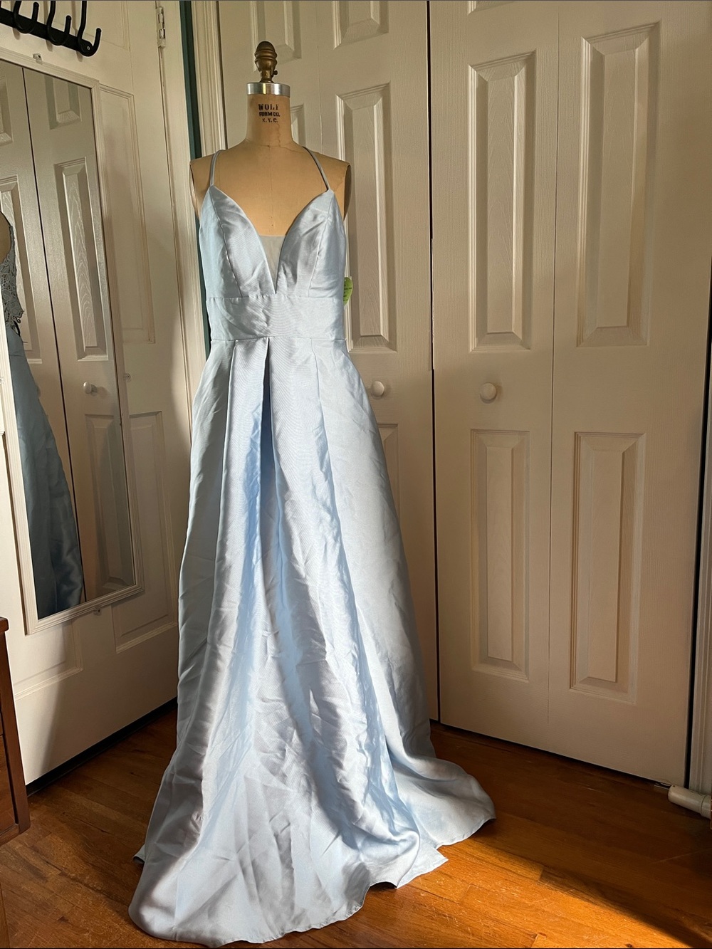 Windsor Pale Blue Satin Spaghetti-Strap Gown